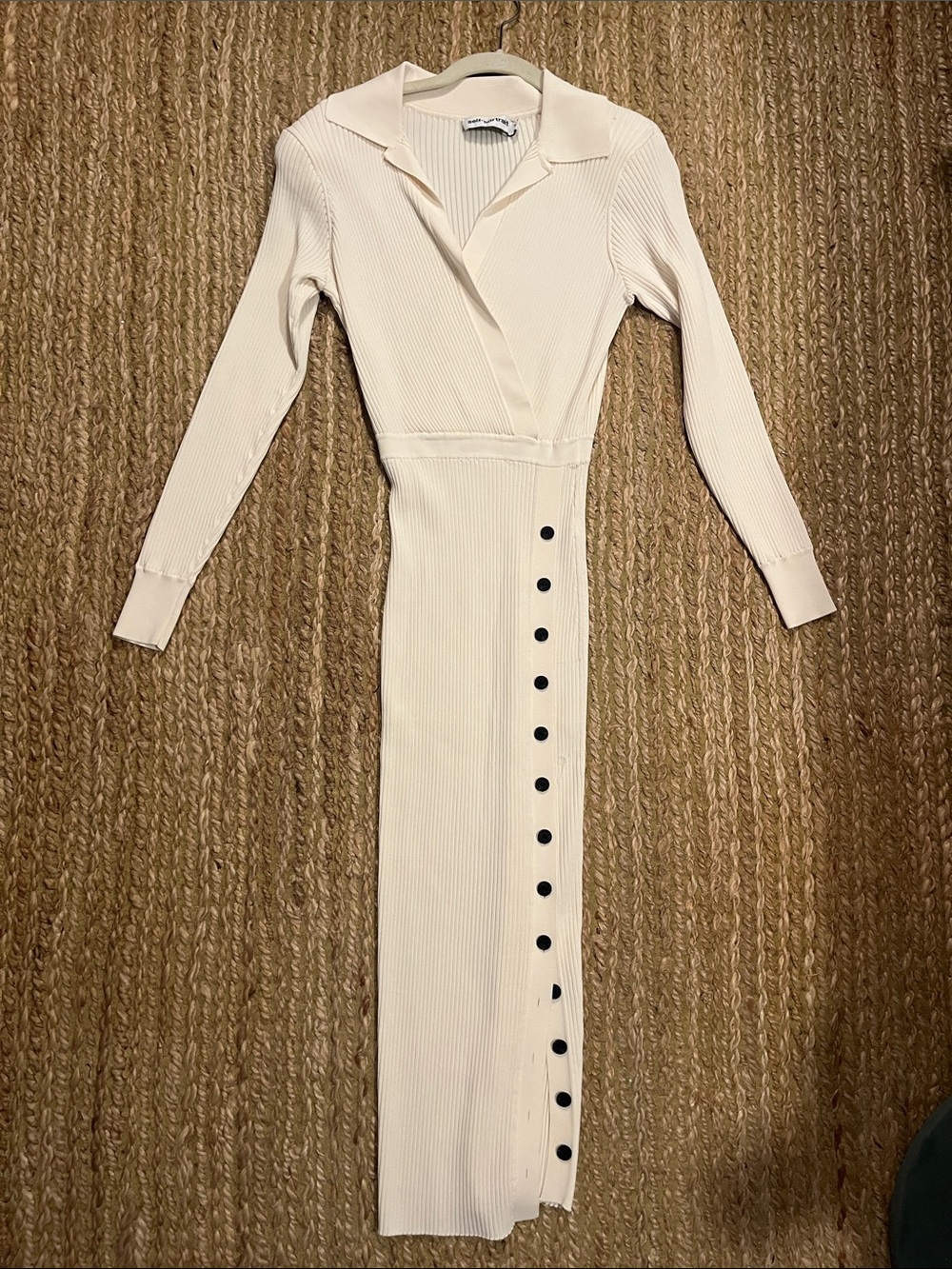 Self-Portrait Cream Ribbed Long-Sleeve Midi Dress with Black Side Buttons